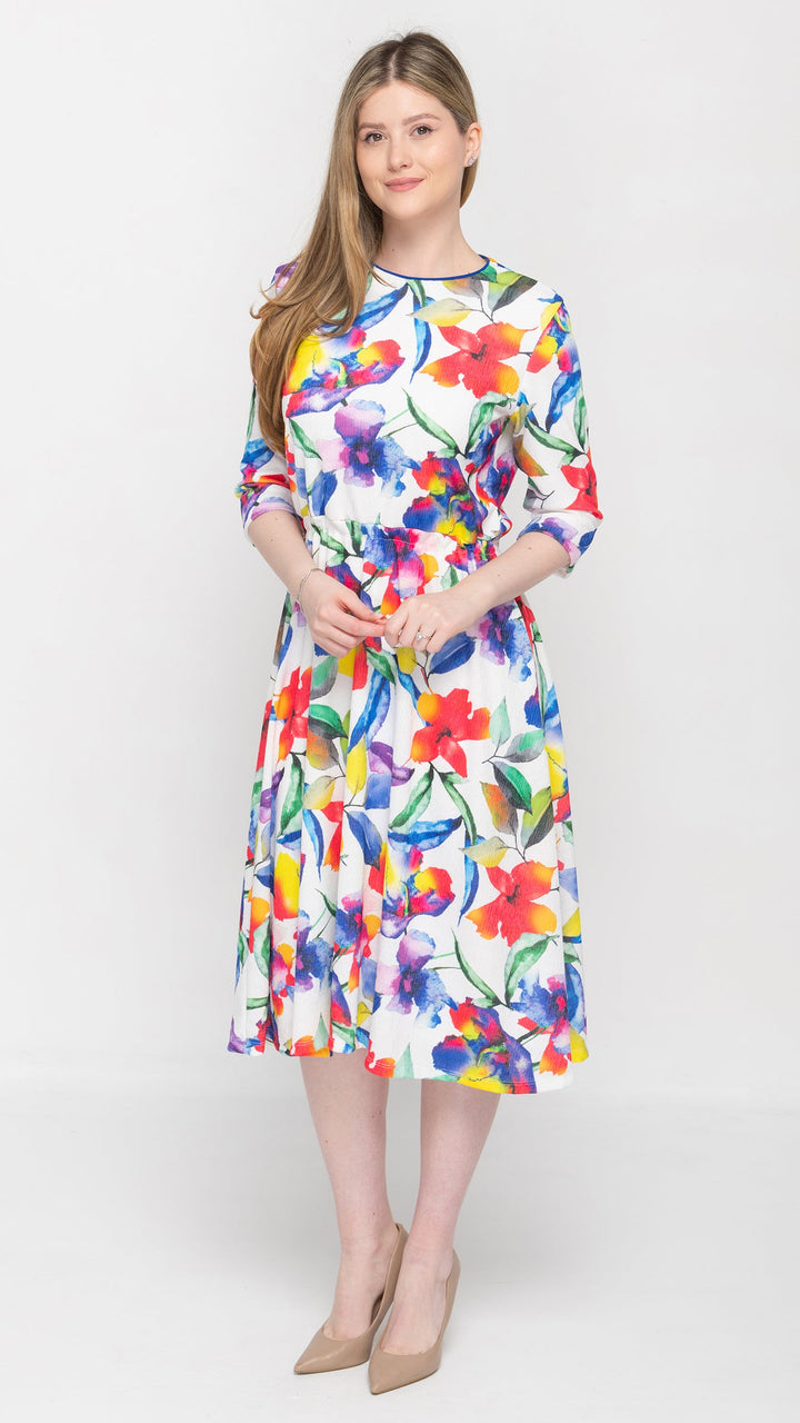Belted A-Line Bright Digital Floral Dress