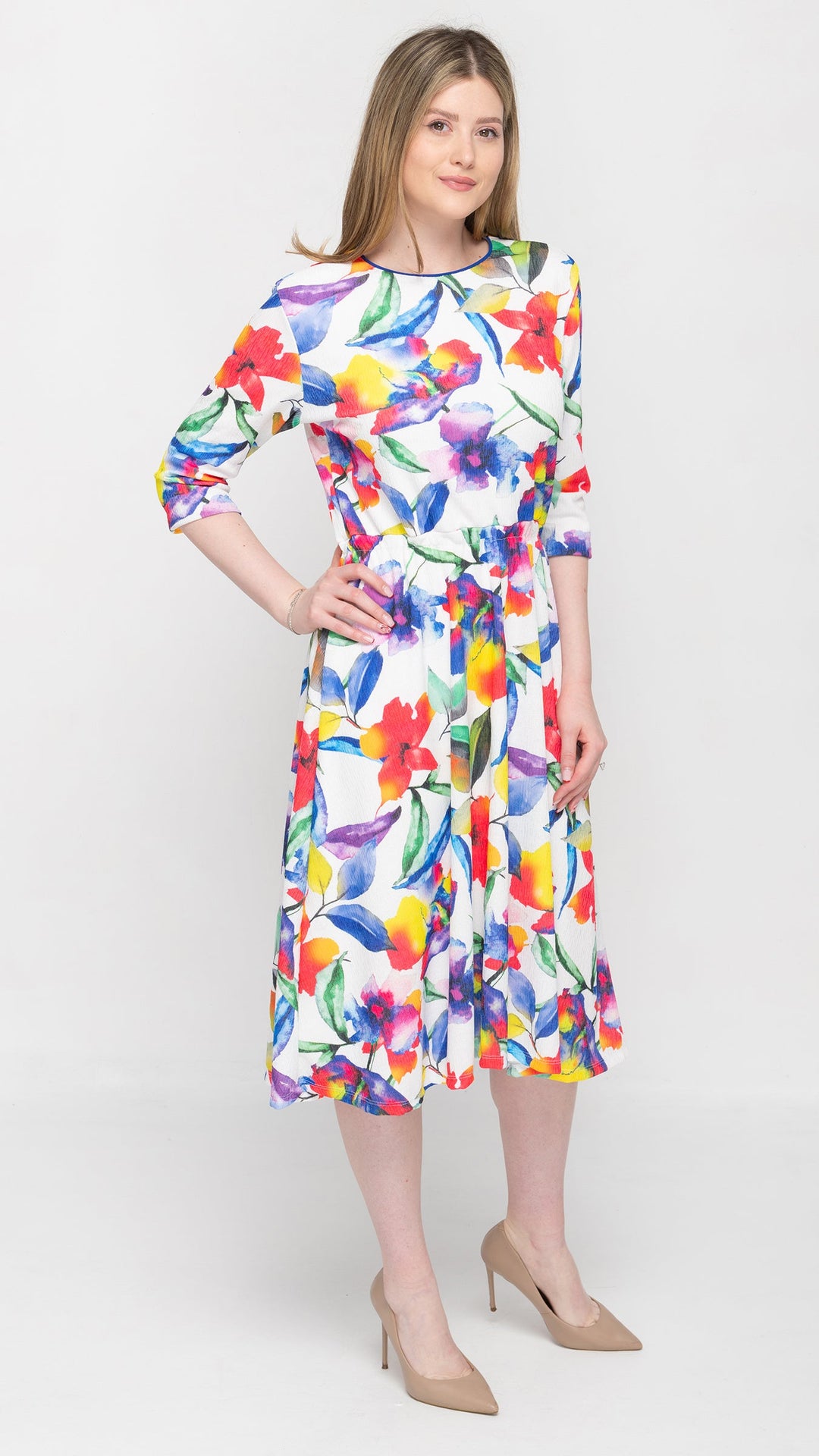 Belted A-Line Bright Digital Floral Dress