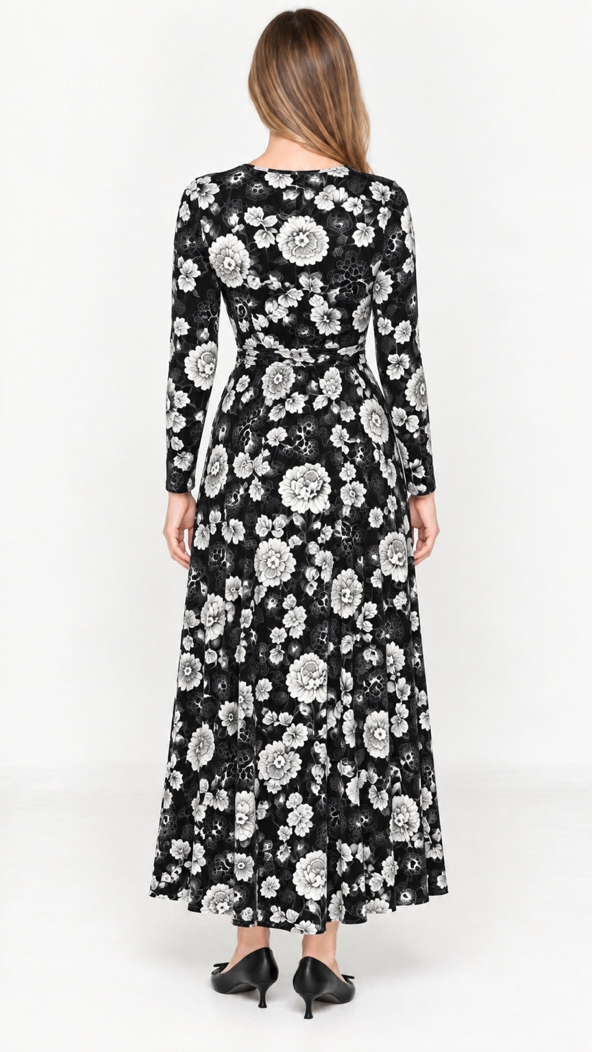KMW Style 1724 Black White Floral Maxi Belted Dress - Back