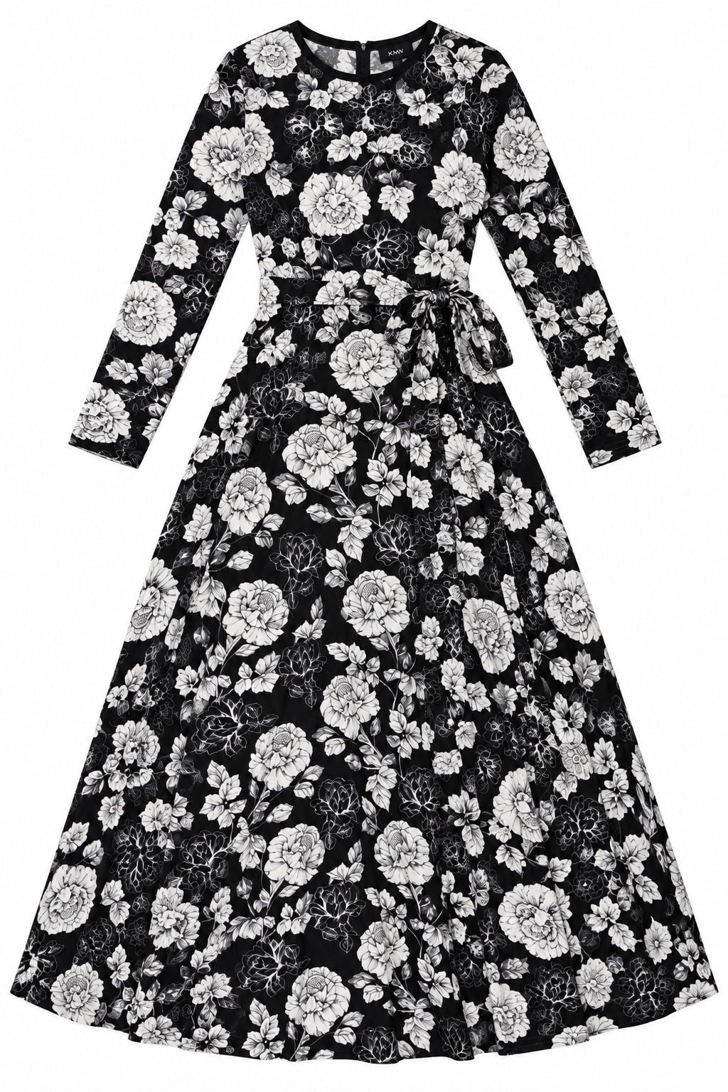 KMW Style 1724 Black White Floral Maxi Belted Dress - Flatlay