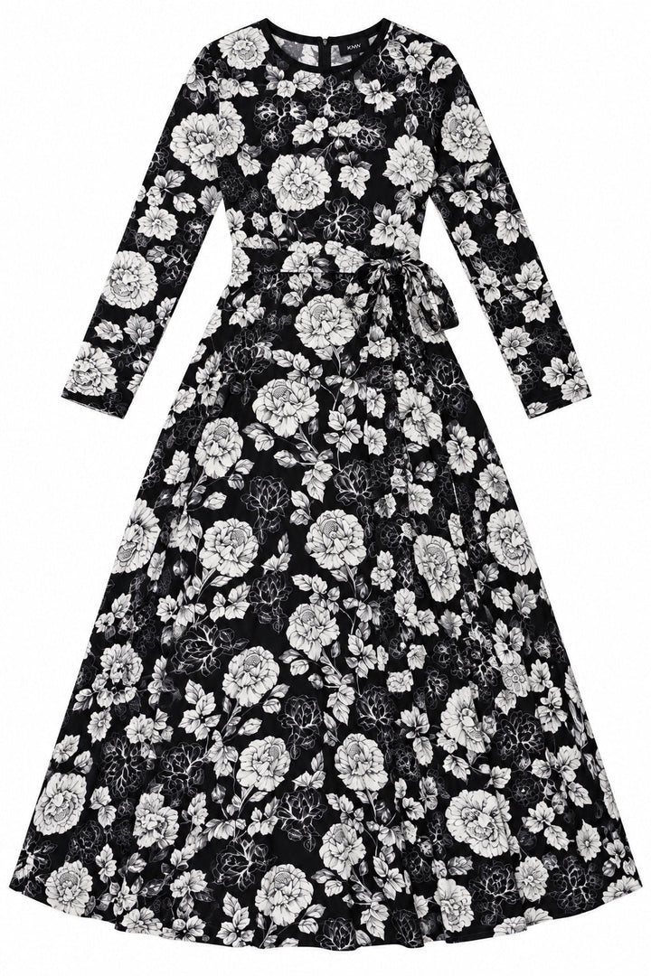 KMW Style 1724 Black White Floral Maxi Belted Dress - Flatlay