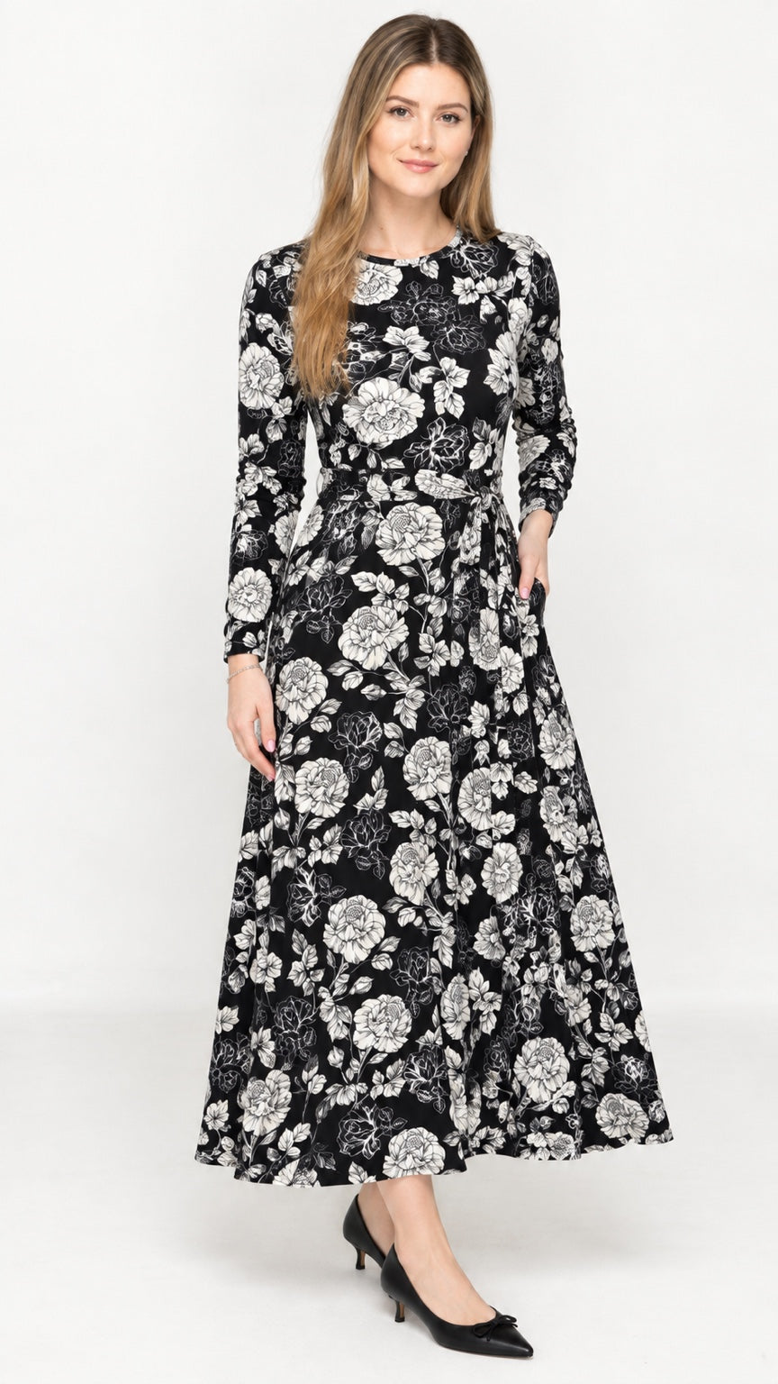KMW Style 1724 Black White Floral Maxi Belted Dress - Hero