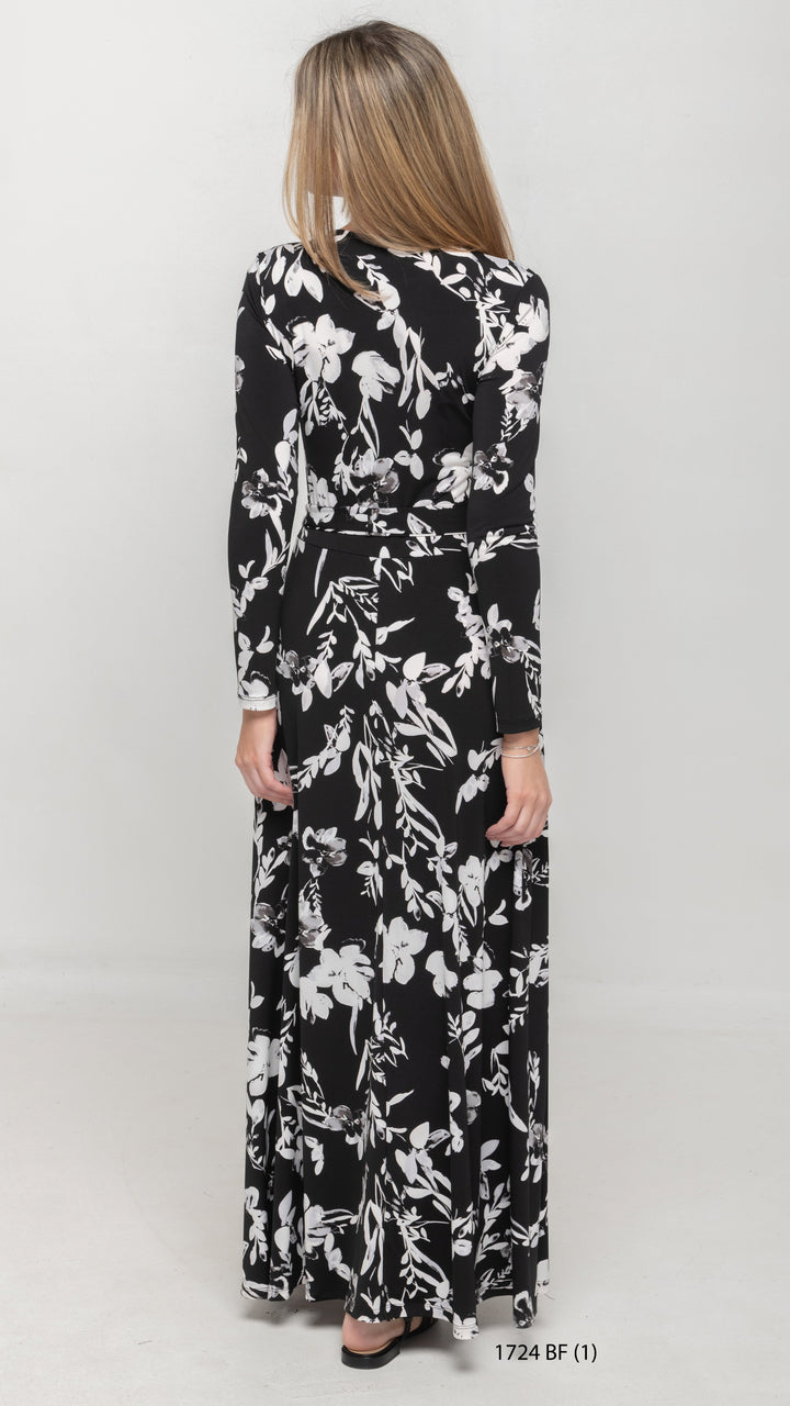 Maxi Belted Dress Black White Floral