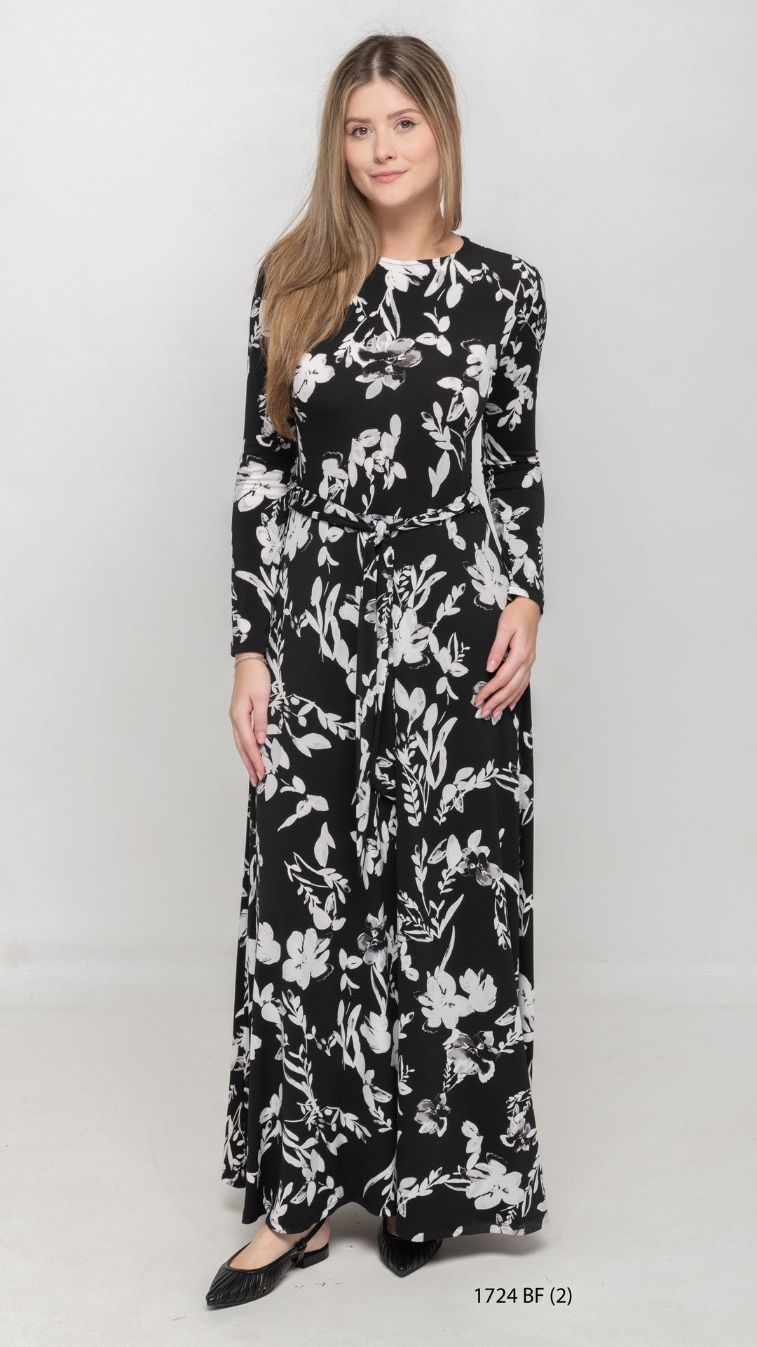 Maxi Belted Dress Black White Floral