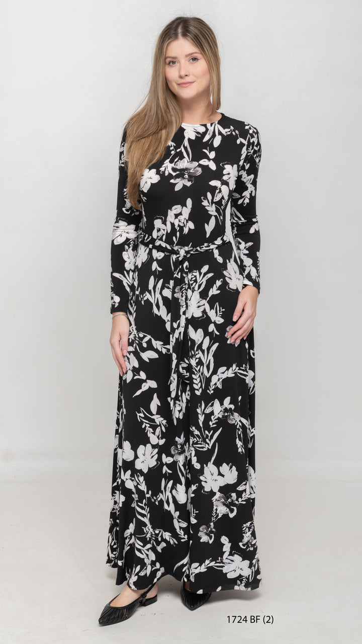 Maxi Belted Dress Black White Floral