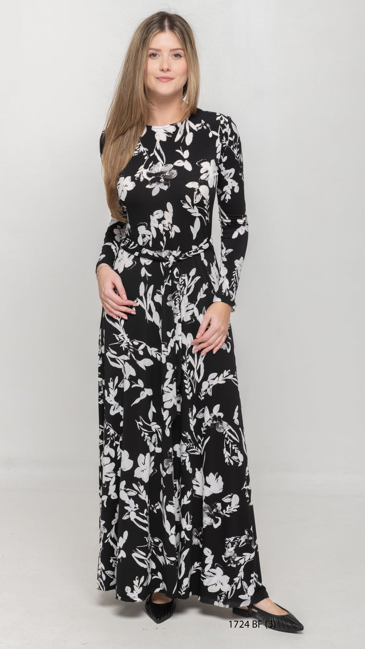 Maxi Belted Dress Black White Floral