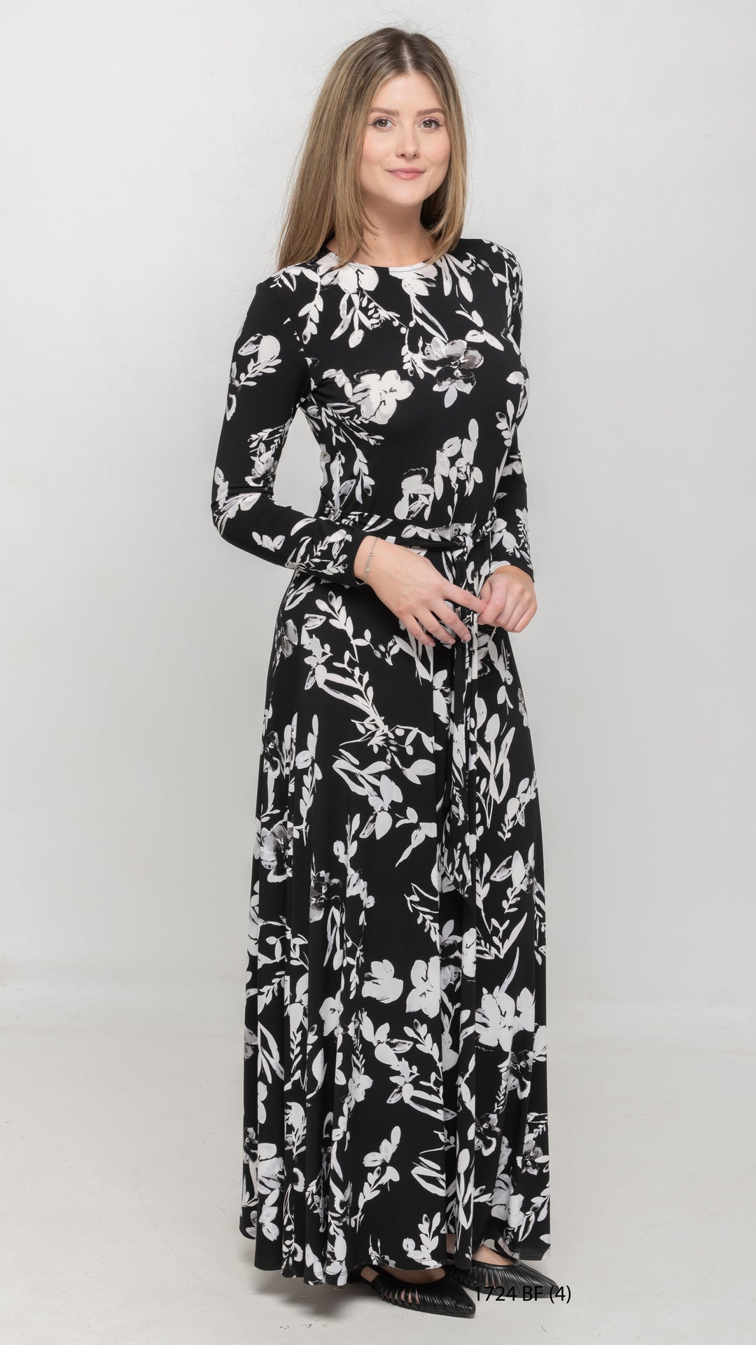 Maxi Belted Dress Black White Floral