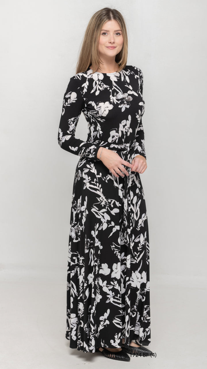 Maxi Belted Dress Black White Floral
