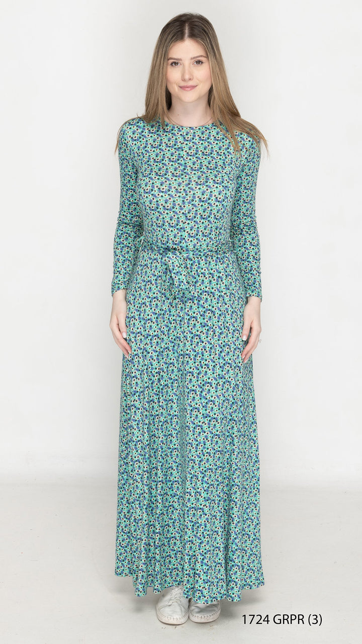 Maxi Belted Dress Teal Floral Print