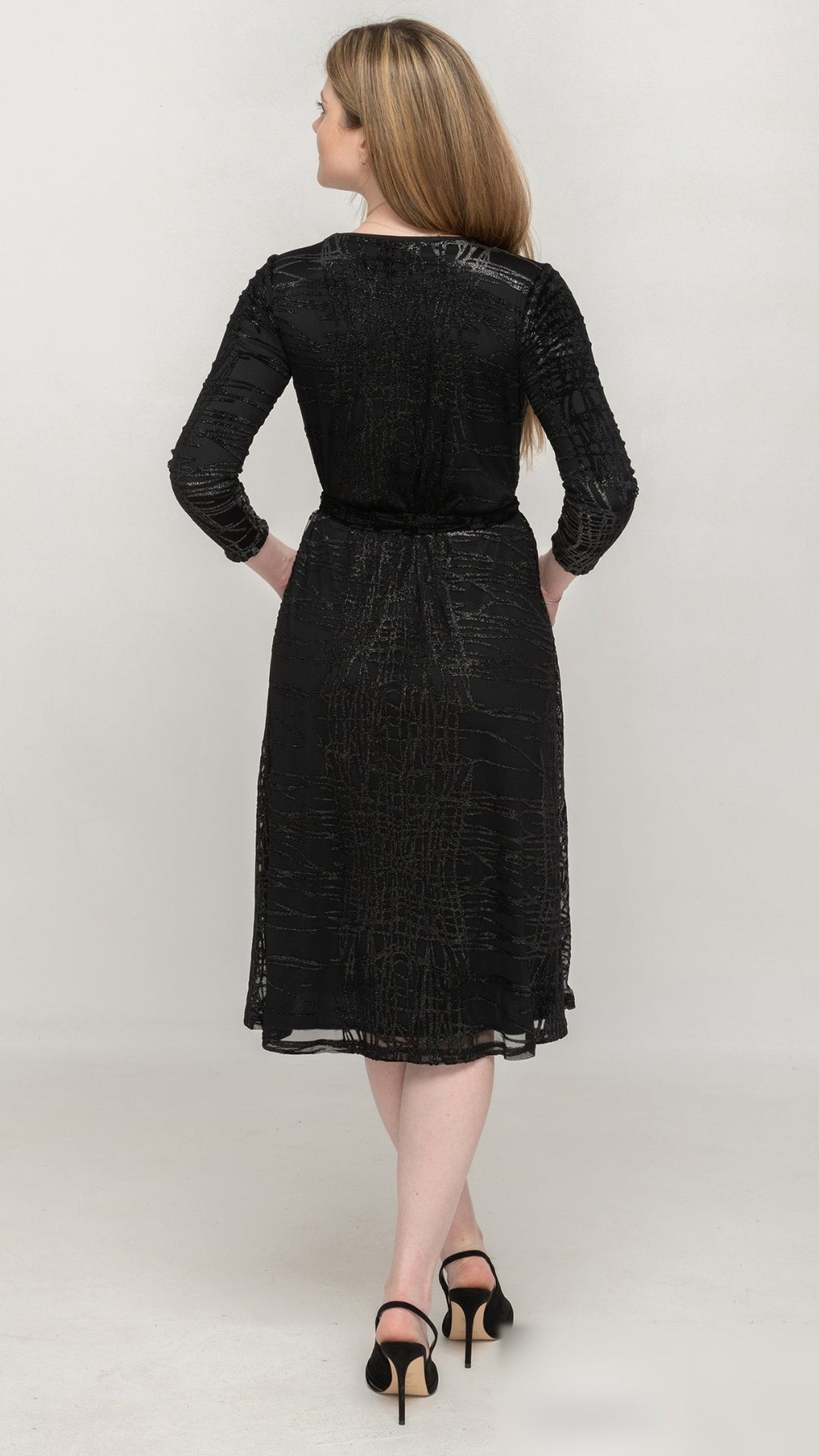Belted A-Line Dress Black Silver Foil