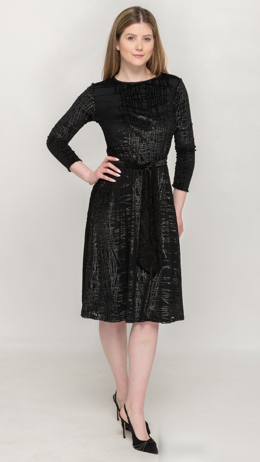 Belted A-Line Dress Black Silver Foil