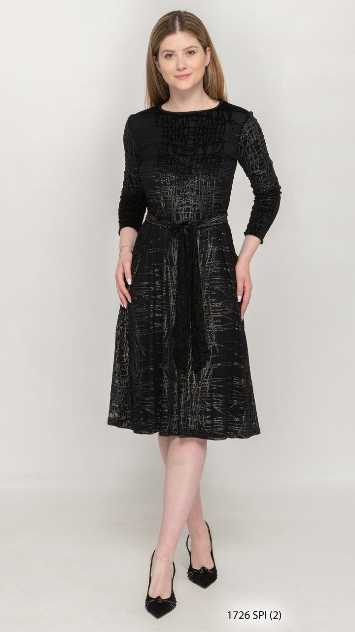 Belted A-Line Dress Black Silver Foil