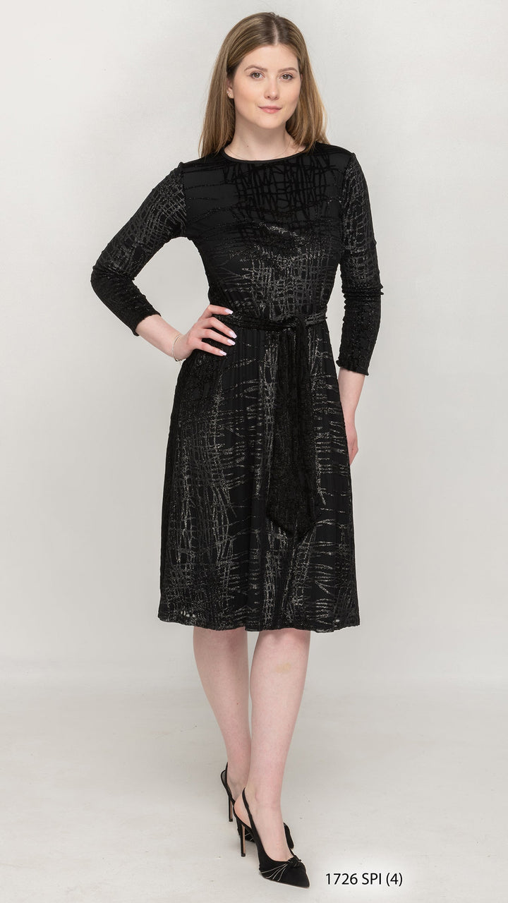 Belted A-Line Dress Black Silver Foil