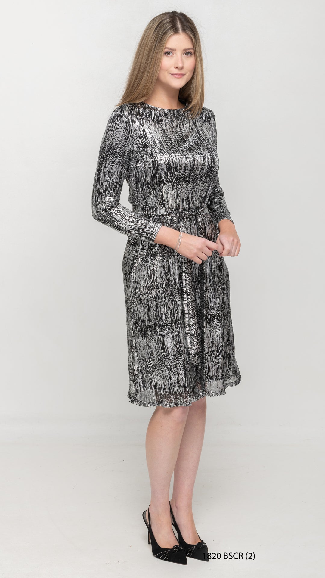 A-Line Long Sleeve Dress - Silver/Black Crinkle