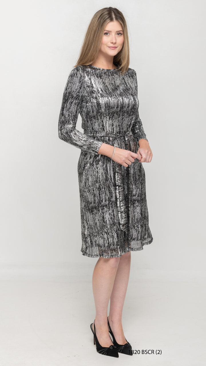 A-Line Long Sleeve Dress - Silver/Black Crinkle
