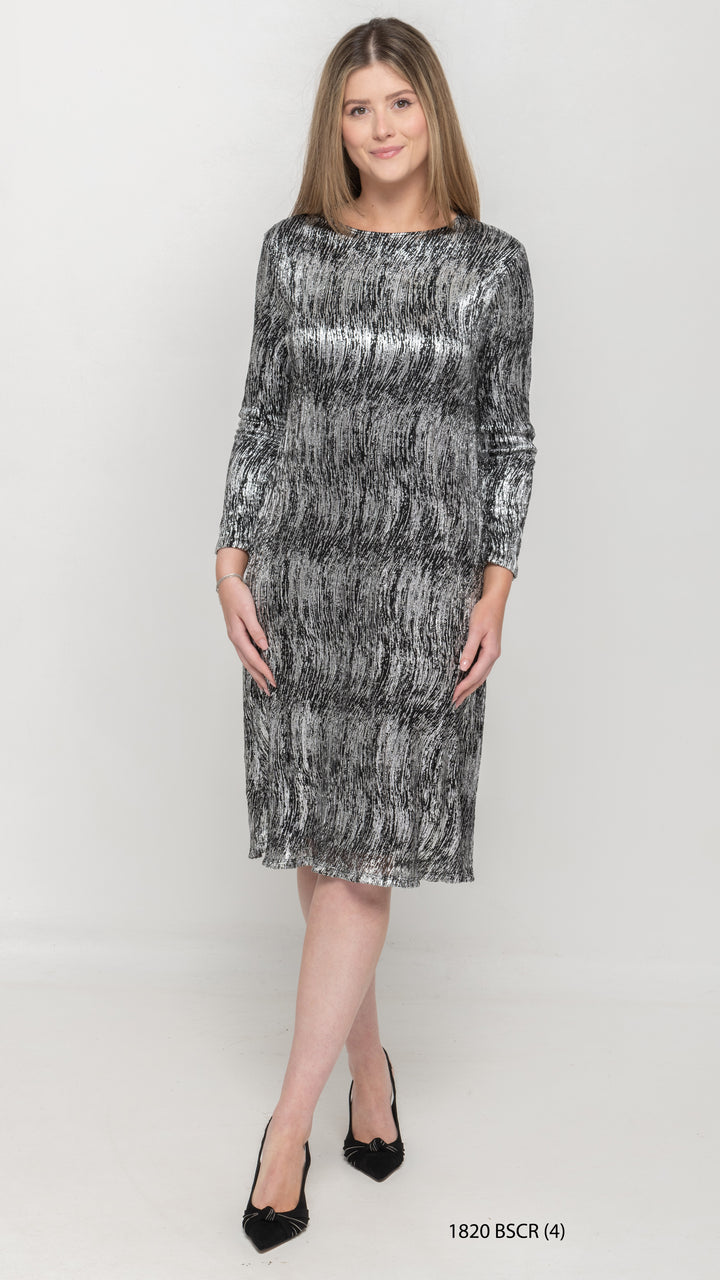 A-Line Long Sleeve Dress - Silver/Black Crinkle