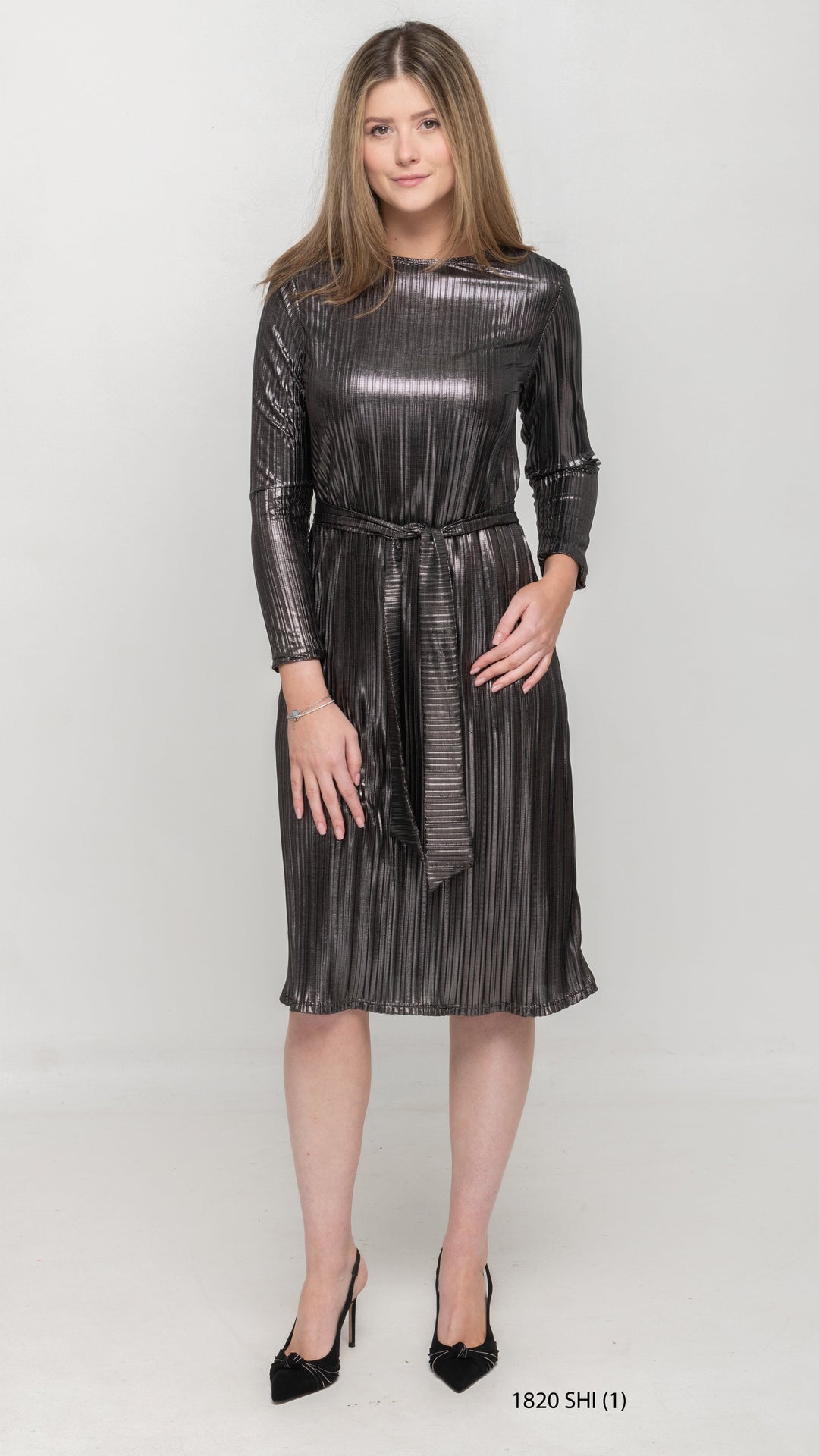 A-Line Long Sleeve Dress - Metallic Pleated