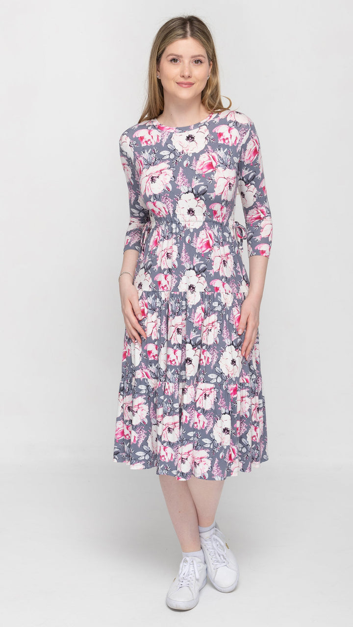 Tiered Drawstring Grey Pink Floral Dress