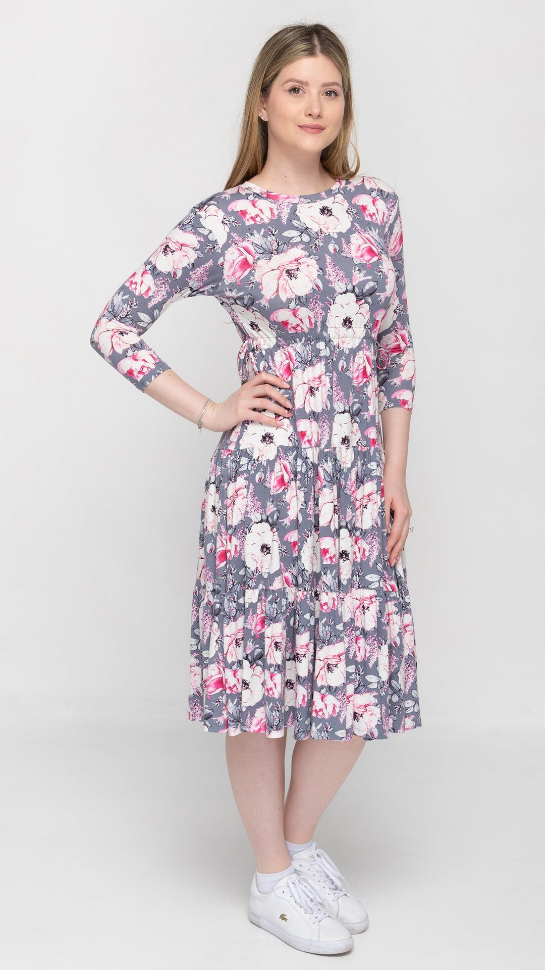 Tiered Drawstring Grey Pink Floral Dress