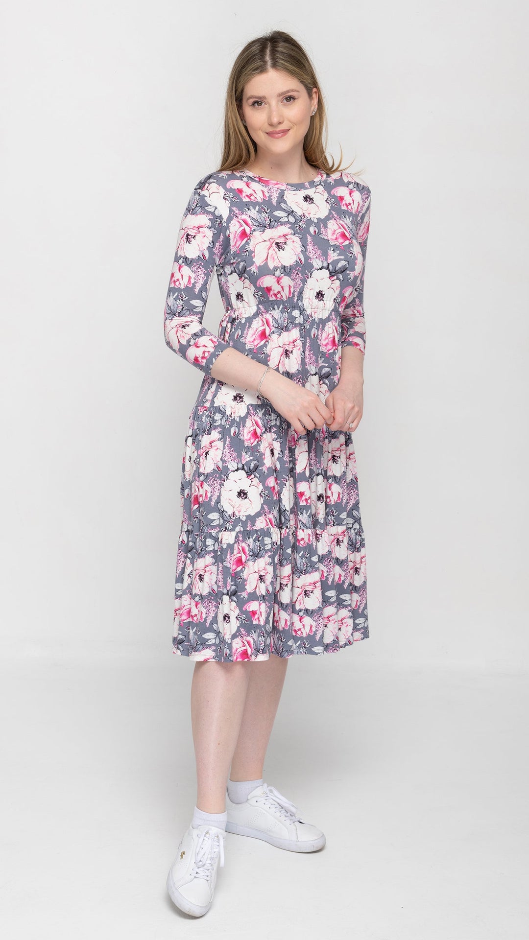 Tiered Drawstring Grey Pink Floral Dress
