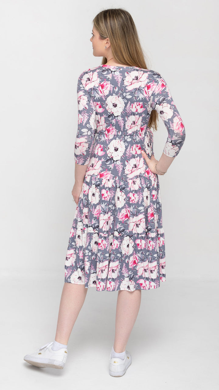 Tiered Drawstring Grey Pink Floral Dress