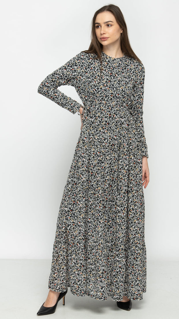 Tiered Drawstring Maxi Dress Woven - Textured Ditsy Floral