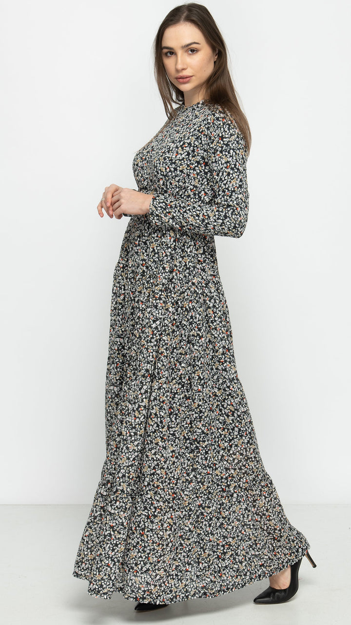 Tiered Drawstring Maxi Dress Woven - Textured Ditsy Floral