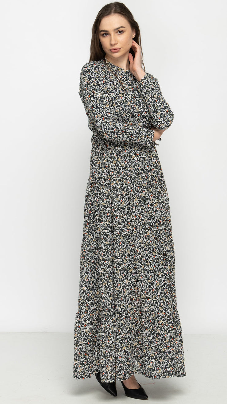 Tiered Drawstring Maxi Dress Woven - Textured Ditsy Floral