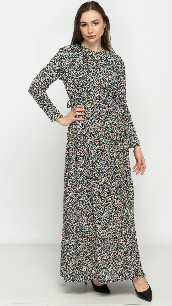 Tiered Drawstring Maxi Dress Woven - Textured Ditsy Floral