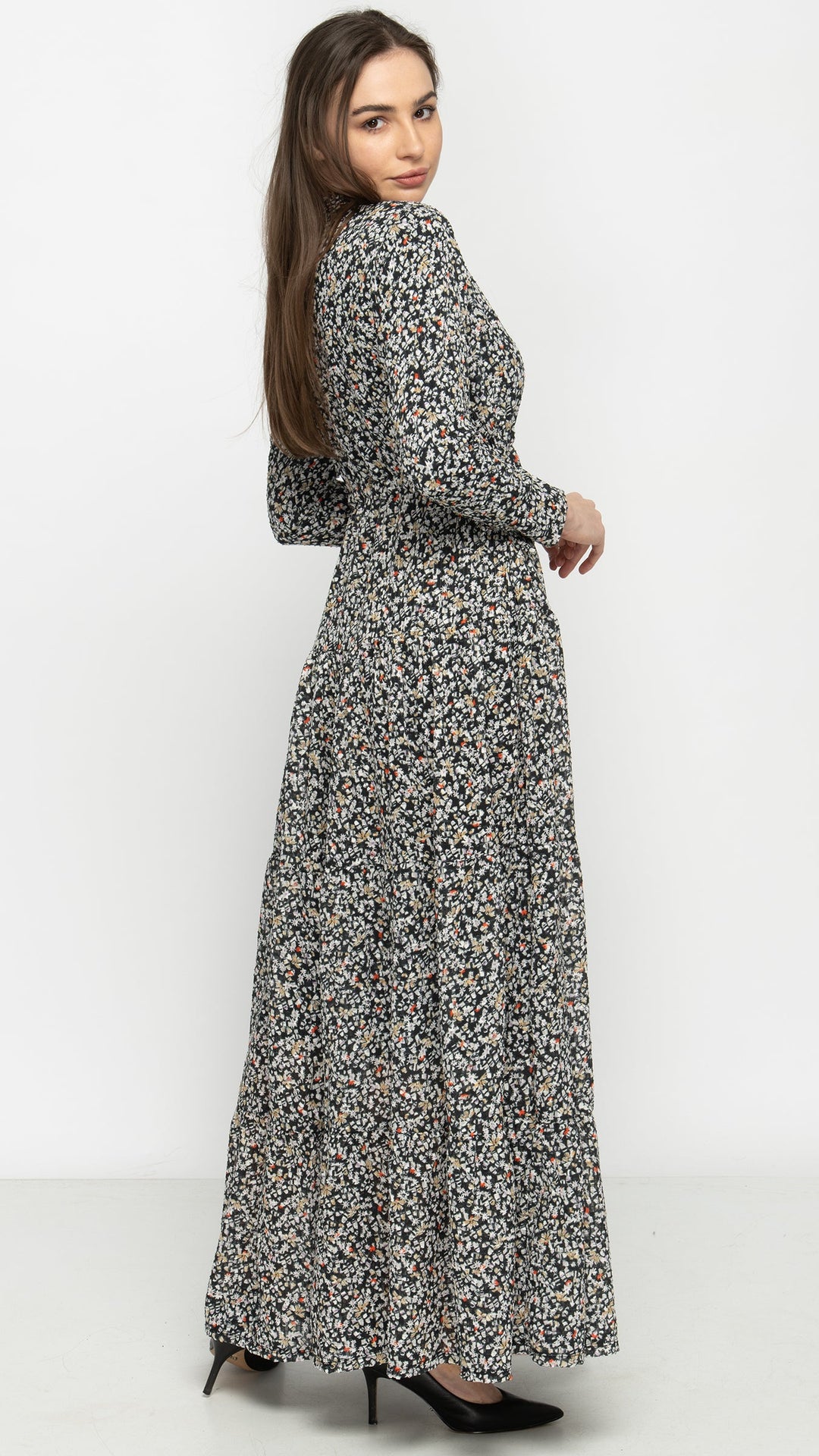 Tiered Drawstring Maxi Dress Woven - Textured Ditsy Floral