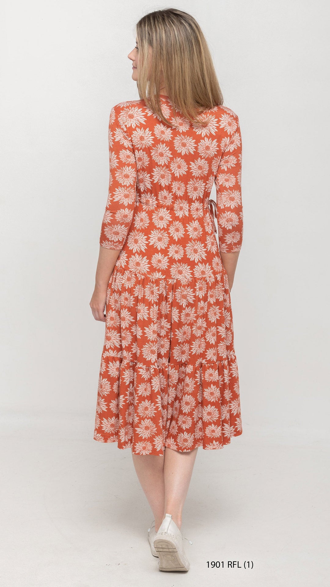 Tiered Drawstring Rust Orange Floral Dress