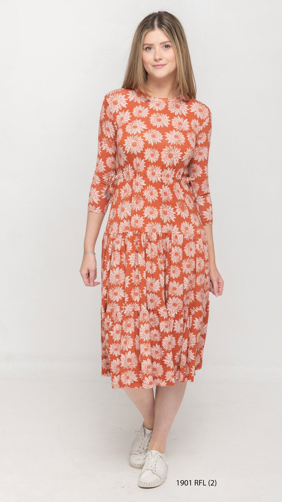 Tiered Drawstring Rust Orange Floral Dress