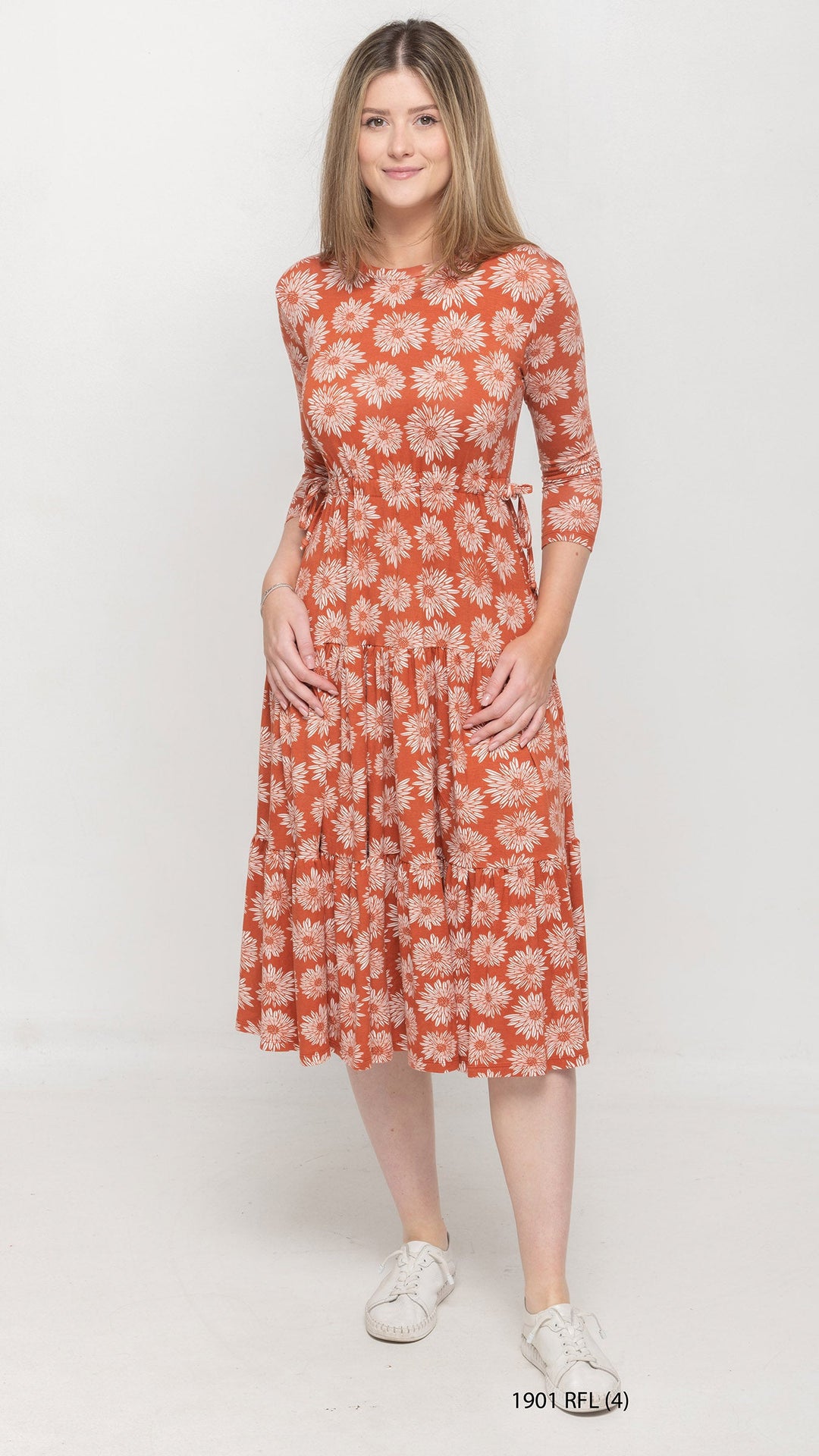 Tiered Drawstring Rust Orange Floral Dress