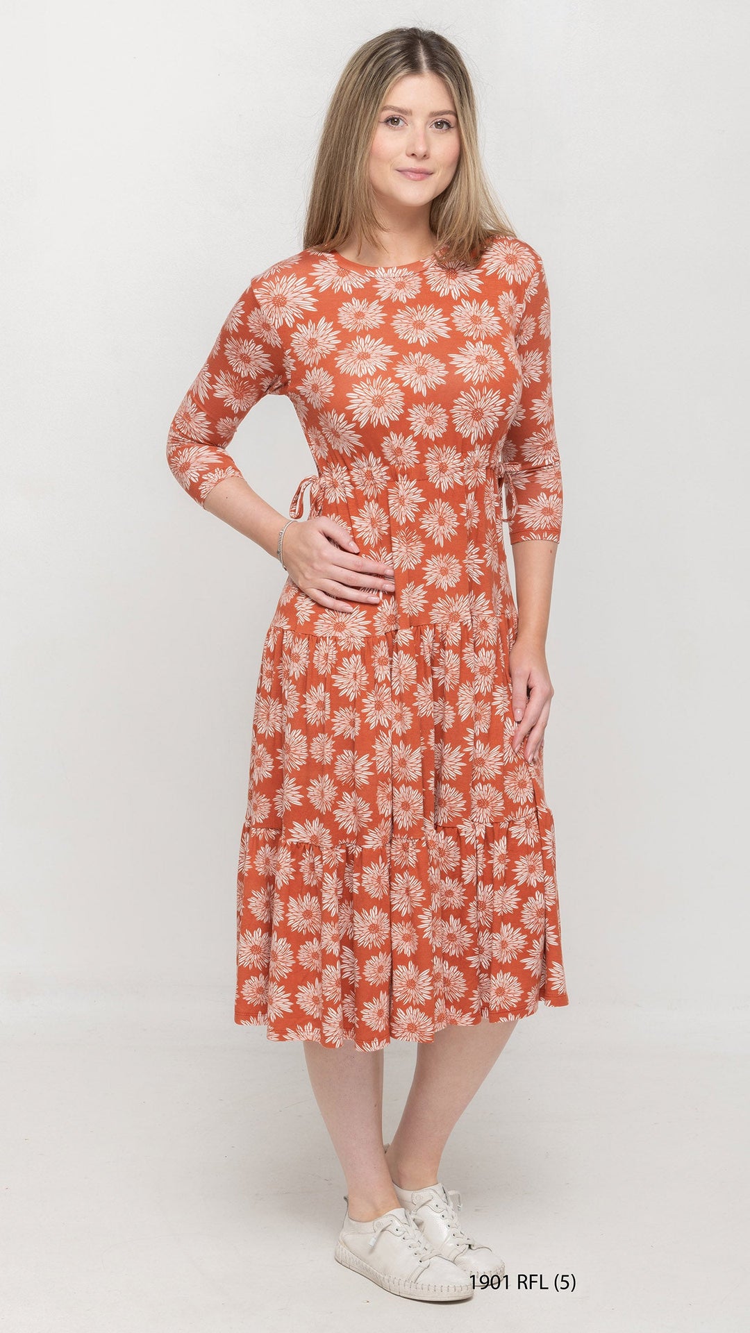 Tiered Drawstring Rust Orange Floral Dress