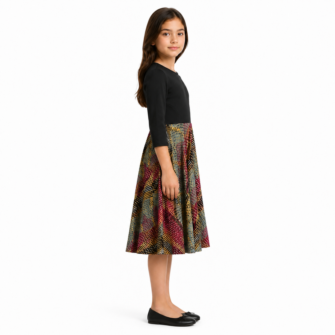Girls Skater Dress - Black Satin Print