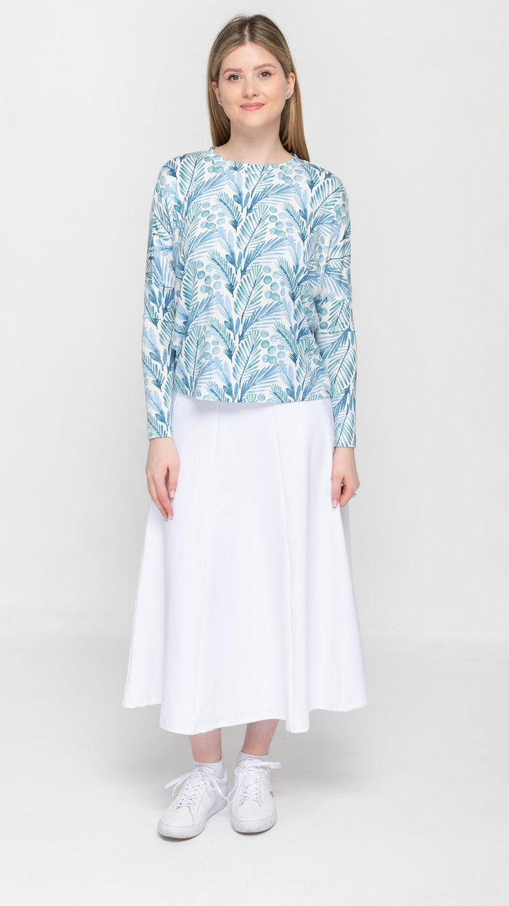 Dolman Jersey Monkey Top Blue Leaves Print