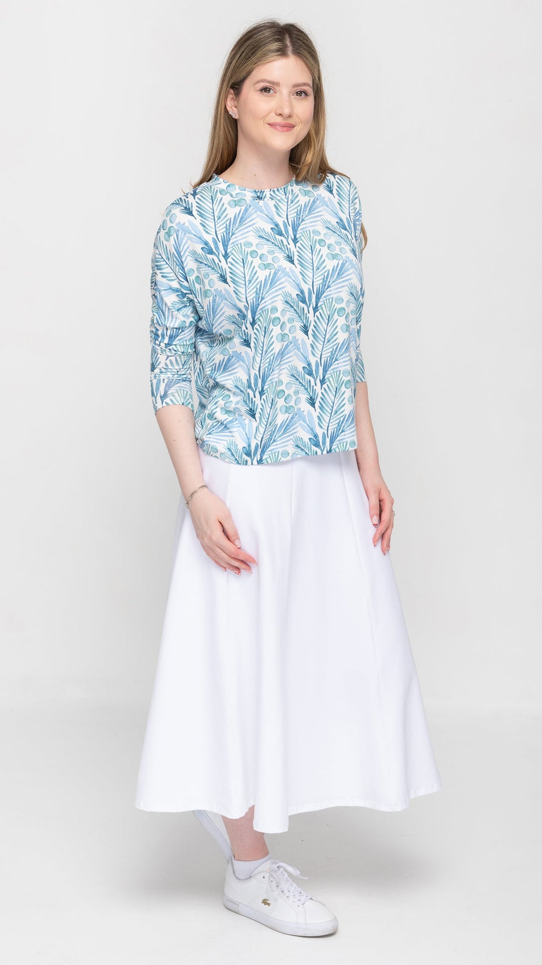 Dolman Jersey Monkey Top Blue Leaves Print