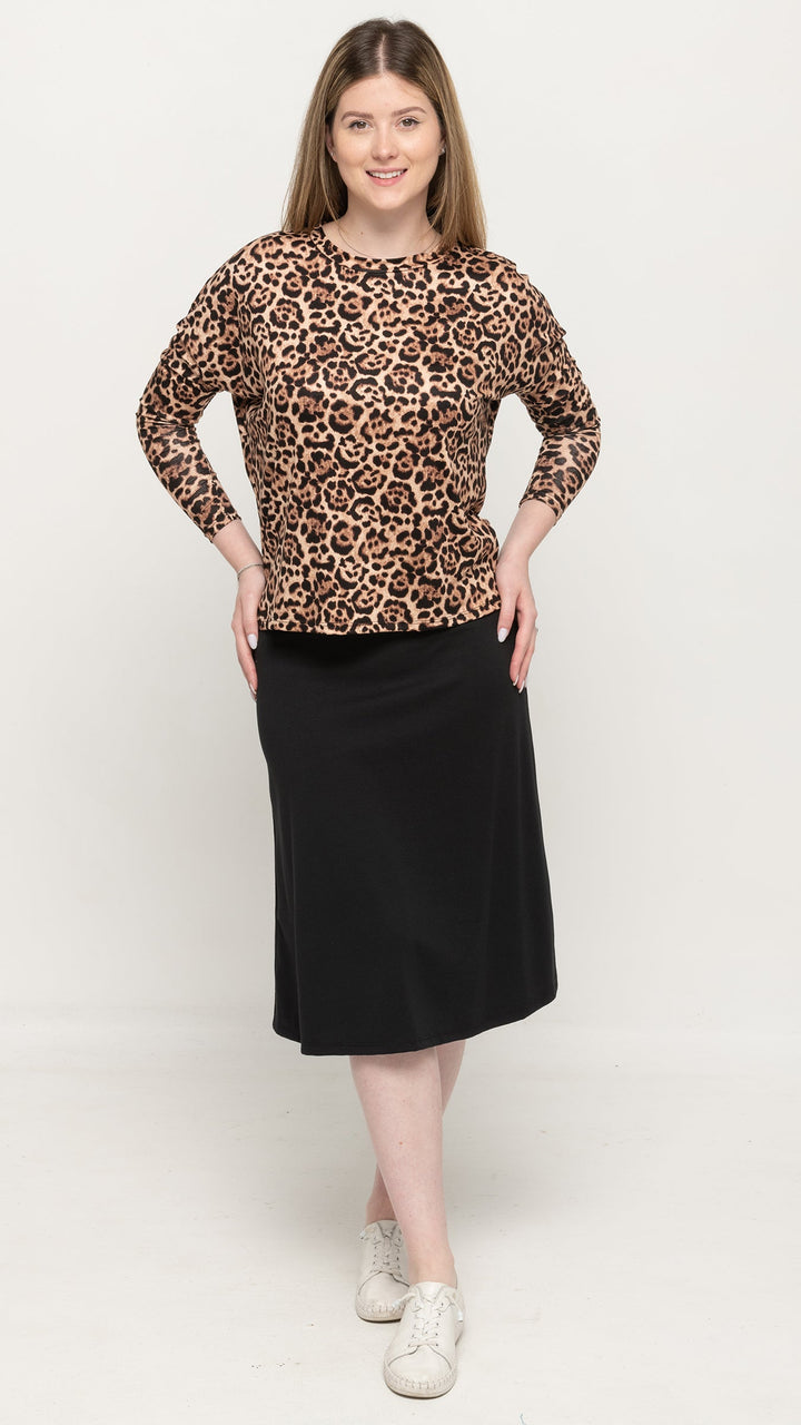 Dolman Jersey Monkey Top- Black/ Brown Leopard
