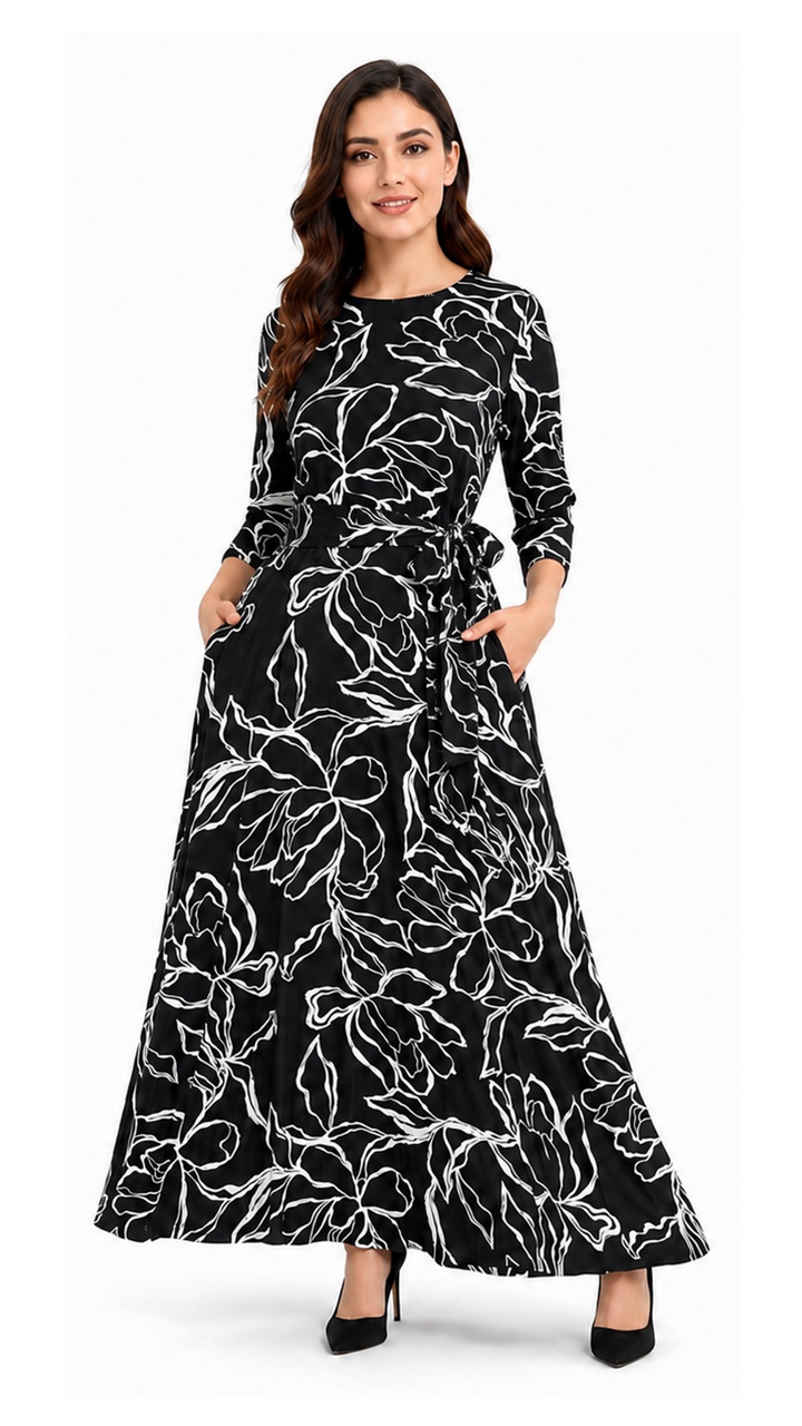 Side Tie Maxi Dress - Black White Stencil