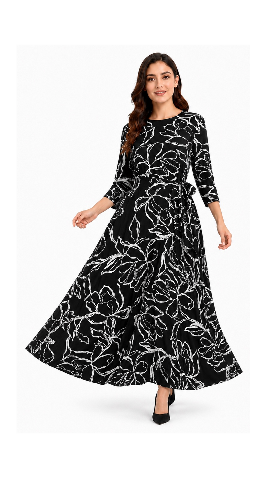 Side Tie Maxi Dress - Black White Stencil