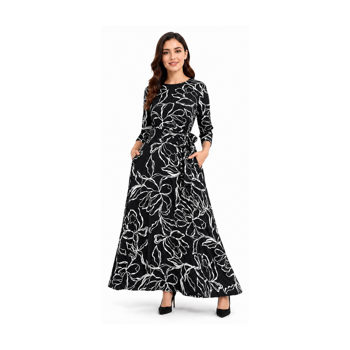 Side Tie Maxi Dress - Black White Stencil