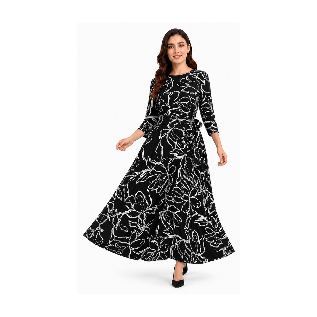 Side Tie Maxi Dress - Black White Stencil