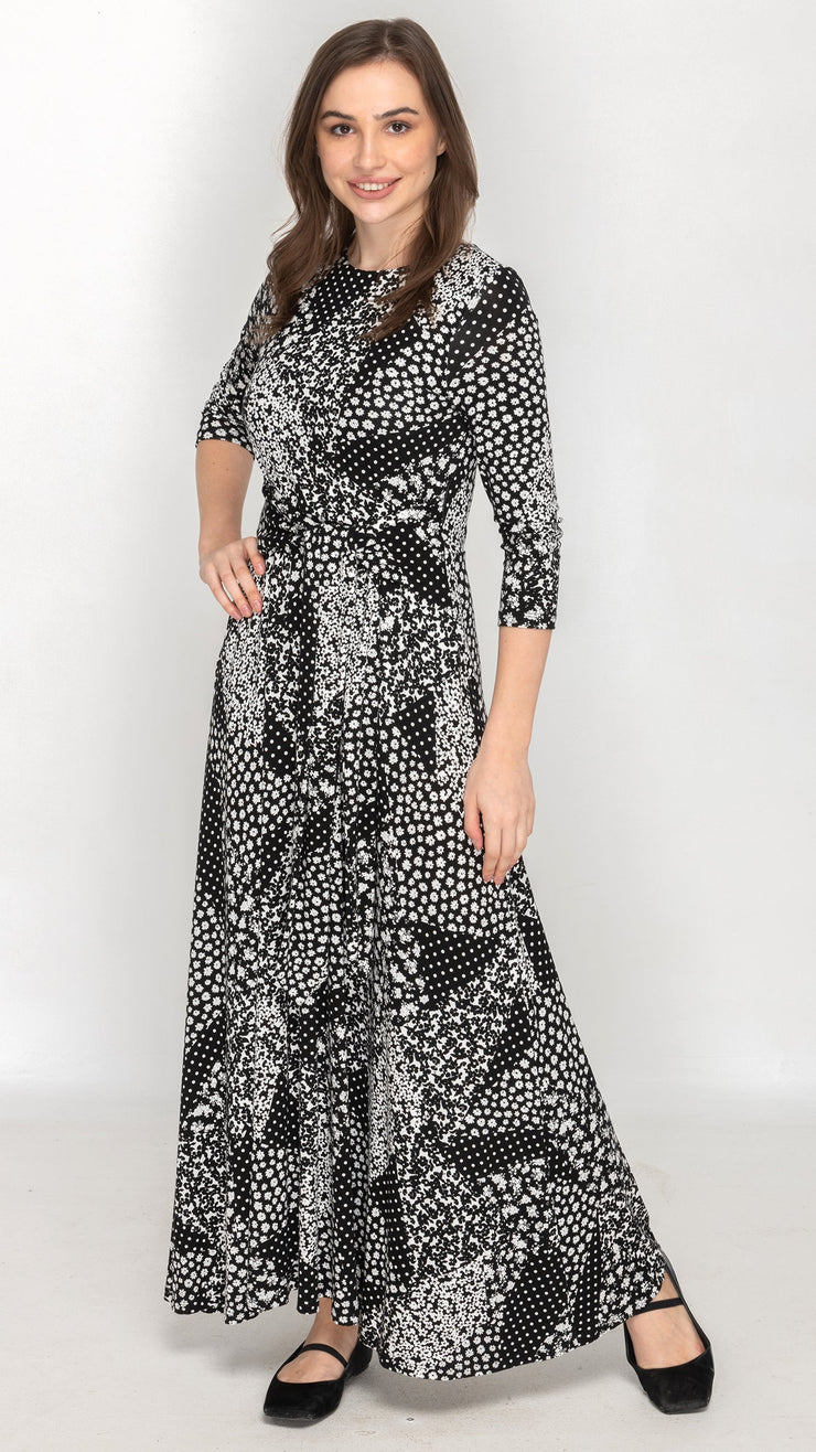 Side Tie Maxi Dress - Black/White Ditsy Print