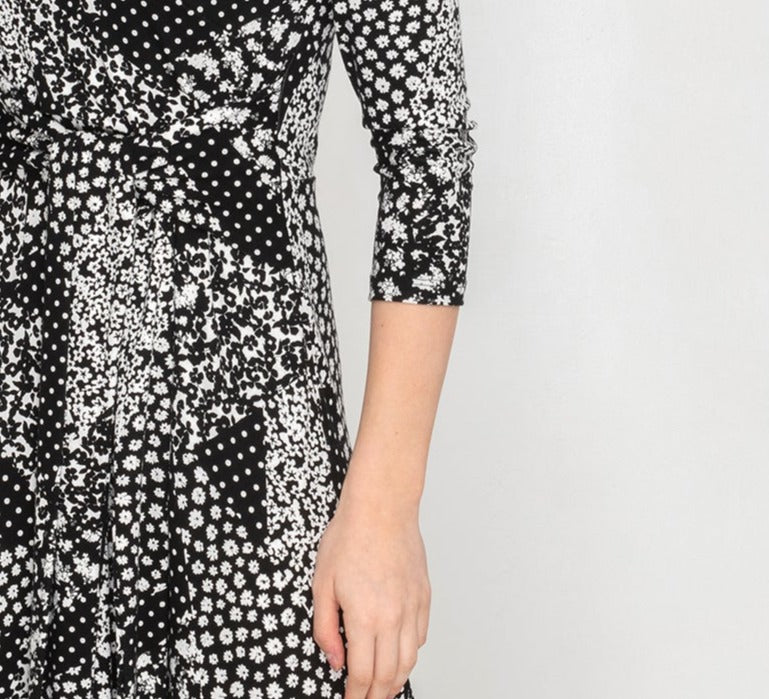 Side Tie Maxi Dress - Black/White Ditsy Print