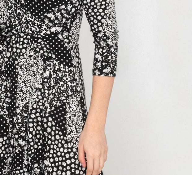 Side Tie Maxi Dress - Black/White Ditsy Print