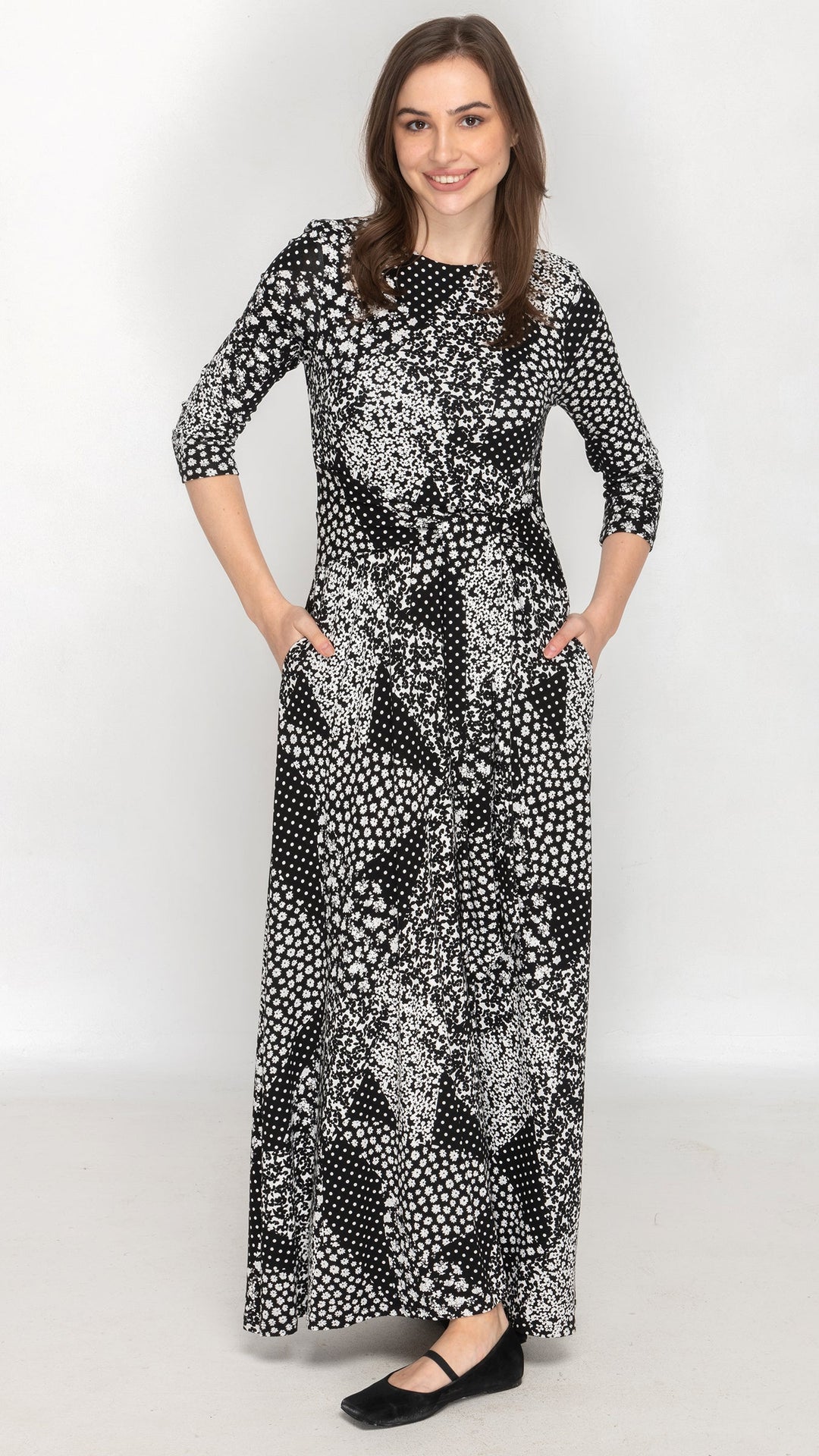 Side Tie Maxi Dress - Black/White Ditsy Print