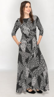 Side Tie Maxi Dress - Black/White Ditsy Print