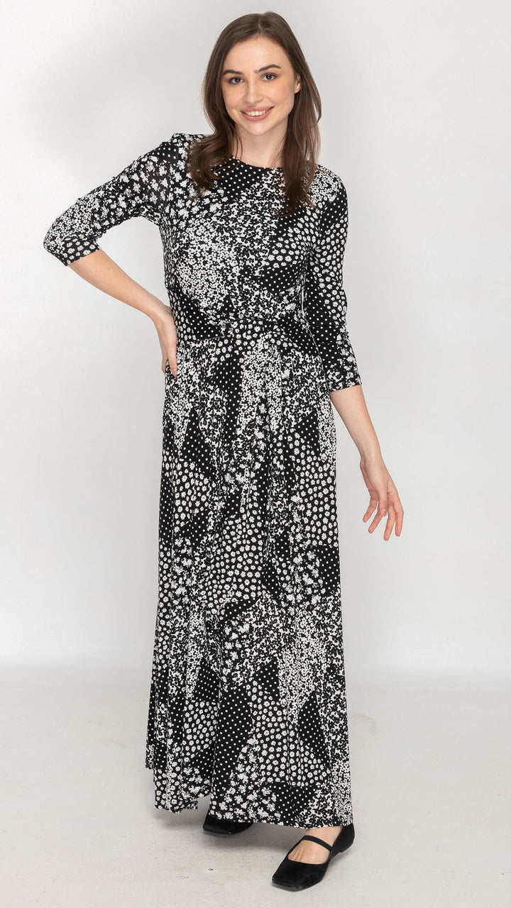 Side Tie Maxi Dress - Black/White Ditsy Print