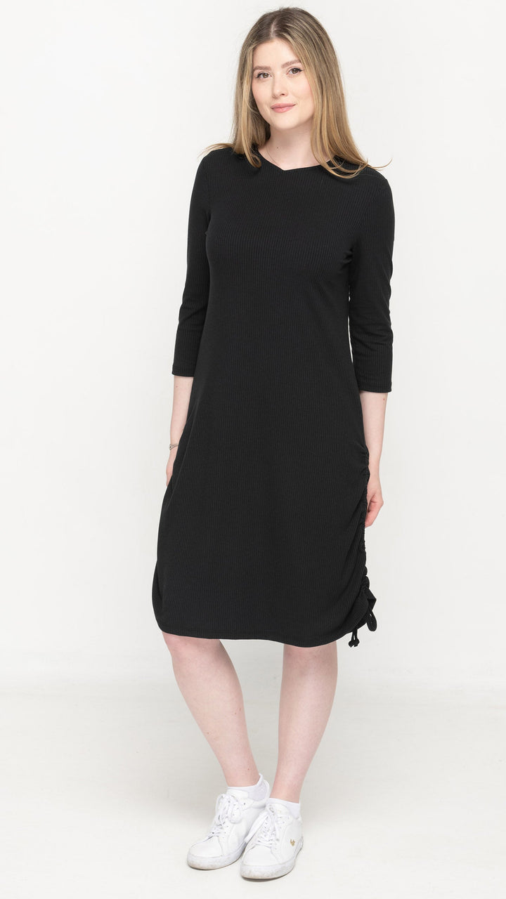 Rib Ruched Dress -Black
