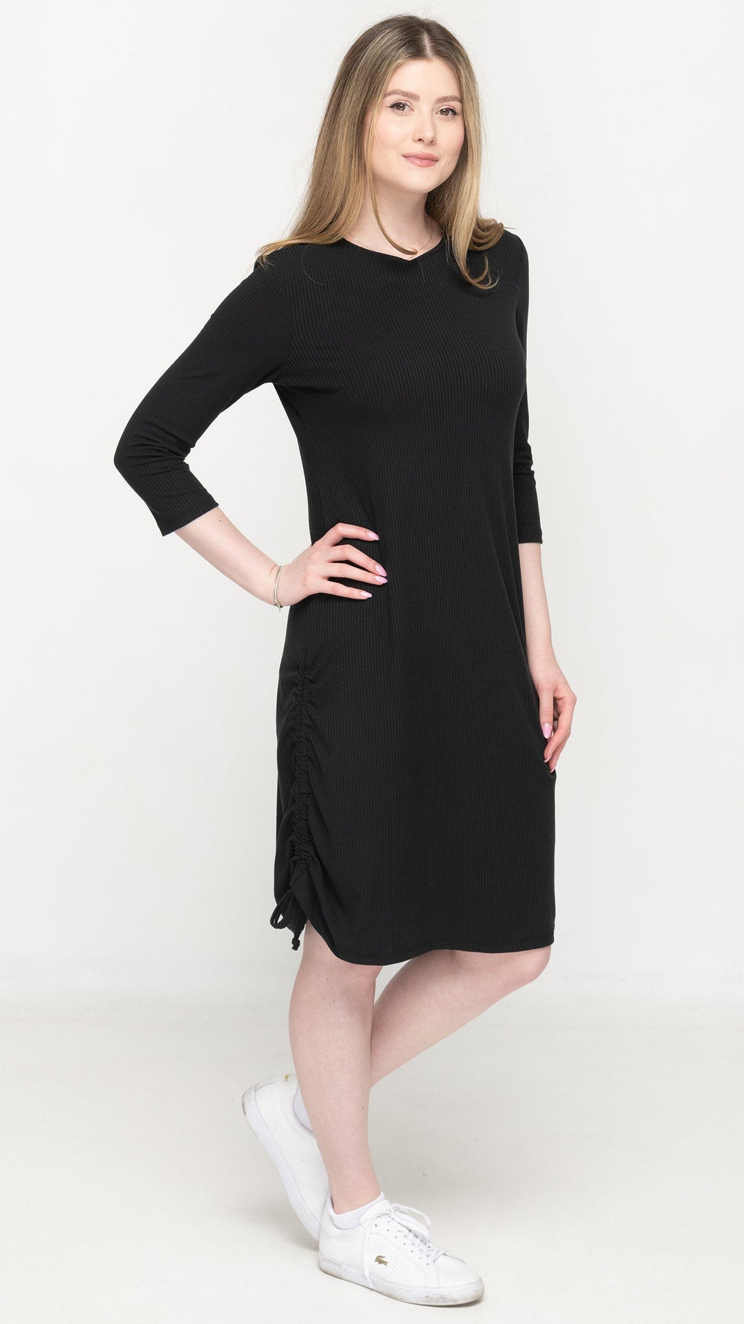 Rib Ruched Dress -Black